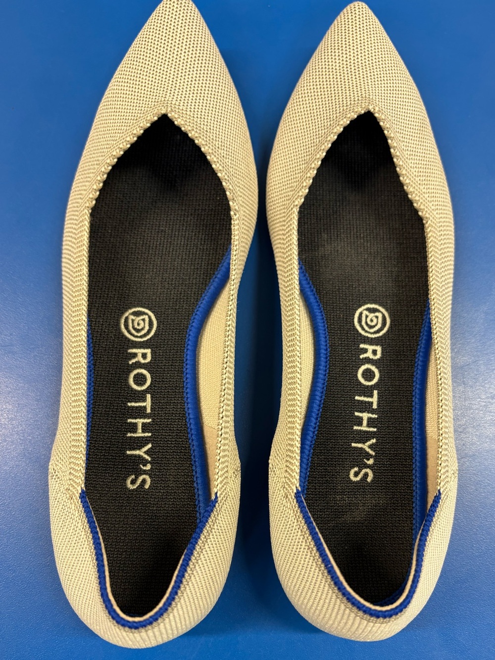 Rothy's Women's Pointed Toe Flats in Beige with Blue Trim